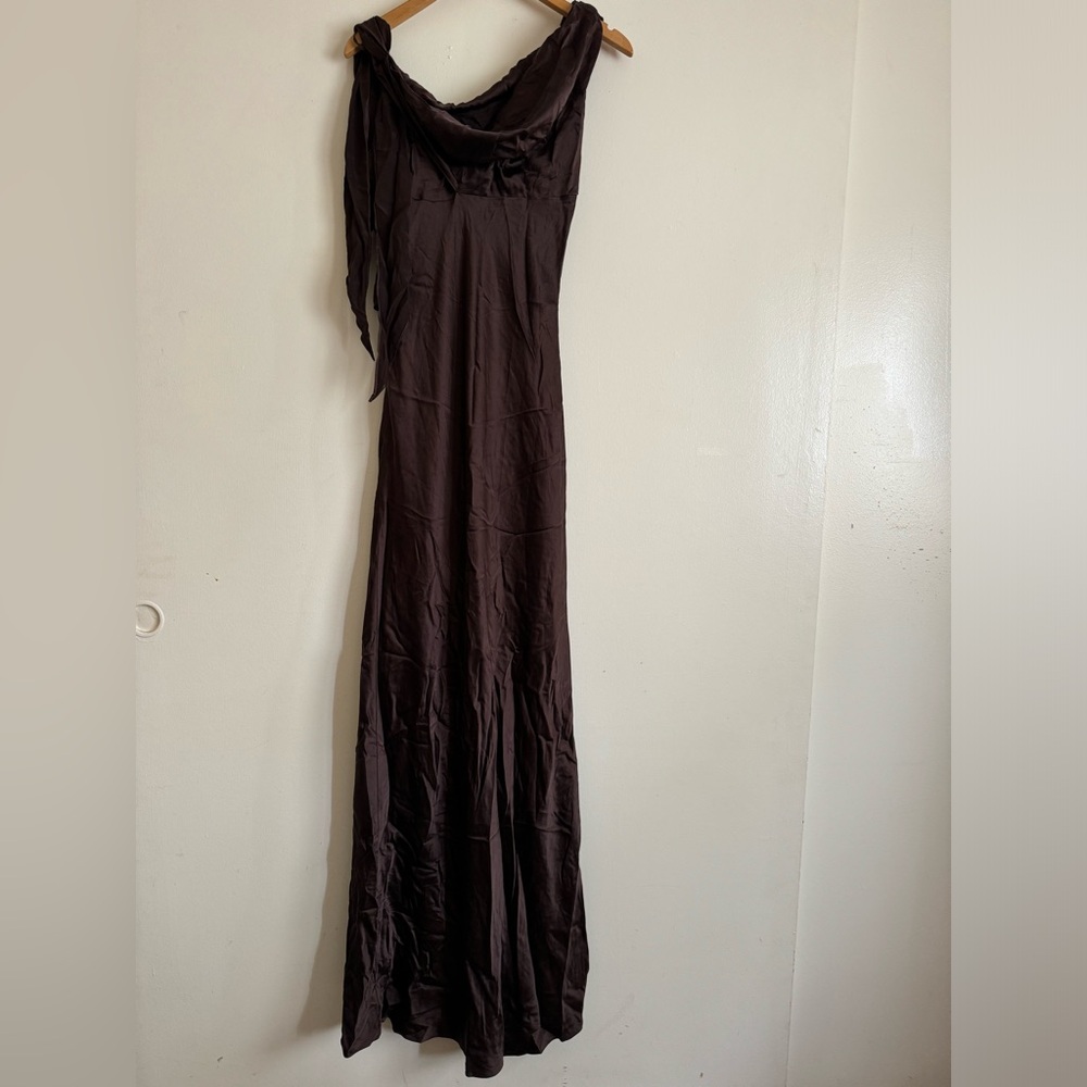 One-Shoulder 100% Silk Satin Evening Gown in Chocolate Brown - Picture 10 of 12